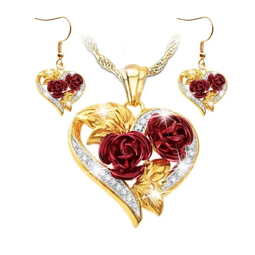 Rose Heart Necklace and Earring Set - New